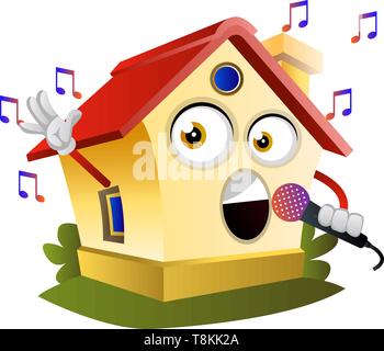 House is singing on the microphone, illustration, vector on white background. Stock Vector