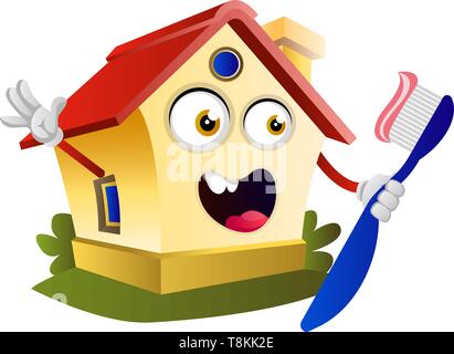 House is holding toothbrush, illustration, vector on white background. Stock Vector
