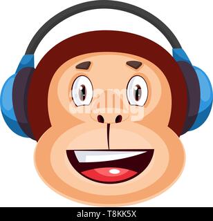Monkry is listening music, illustration, vector on white background. Stock Vector