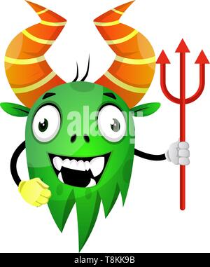 Cartoon monster holding a trident, illustration, vector on white background. Stock Vector