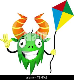 Monster playing with flying kite, illustration, vector on white background. Stock Vector