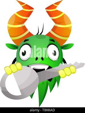 Cartoon monster holding huge key, illustration, vector on white background. Stock Vector