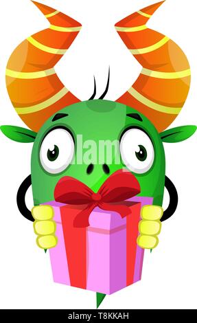 Monster holding present, illustration, vector on white background. Stock Vector