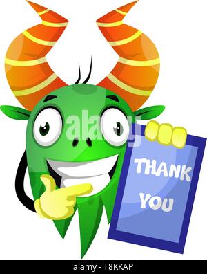 Monster with thank you board, illustration, vector on white background. Stock Vector