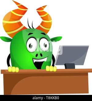 Monster browsing on computer, illustration, vector on white background. Stock Vector