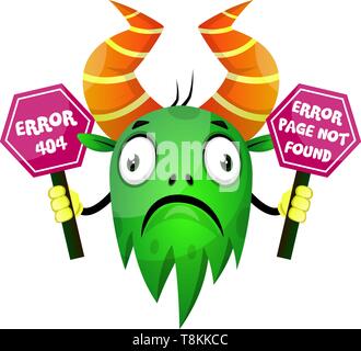 Monster holding 404 error sign, illustration, vector on white background. Stock Vector