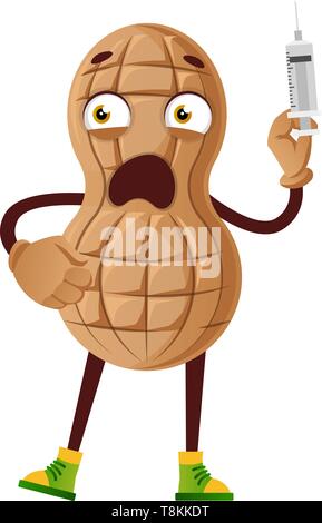 Peanut with injection, illustration, vector on white background. Stock Vector