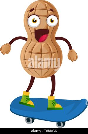 Peanut riding skateboard, illustration, vector on white background. Stock Vector