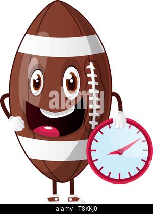 Rugby ball holding clock, illustration, vector on white background. Stock Vector