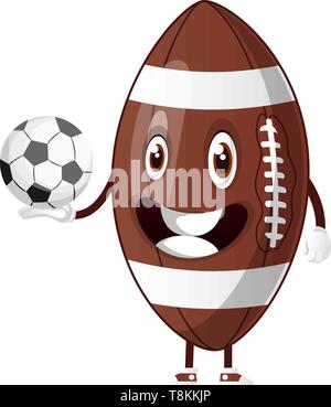 Rugby ball is holding soccer ball, illustration, vector on white background. Stock Vector