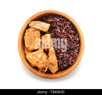 Tasty boiled wild rice with meat in bowl, isolated on white Stock Photo