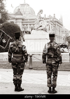 STRASBOURG, FRANCE - MAY 8, 2017: Ceremony to mark Western allies World War Two victory Armistice in Europe soldiers in front of Monument aux morts de Strasbourg Stock Photo