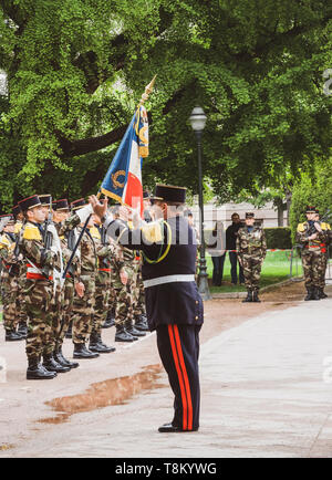 STRASBOURG, FRANCE - MAY 8, 2017: CMale conductor military orchestra ceremony to mark Western allies World War Two victory Armistice in Europe marking the 72nd anniversary of victory  Stock Photo