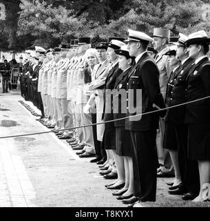 STRASBOURG, FRANCE - MAY 8, 2017: Side view of large group of military personnel at ceremony to mark Western allies World War Two victory Armistice in Europe - square image Stock Photo