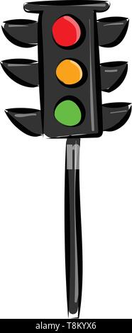 Traffic light on a black pole with all three colors, vector, color drawing or illustration. Stock Vector
