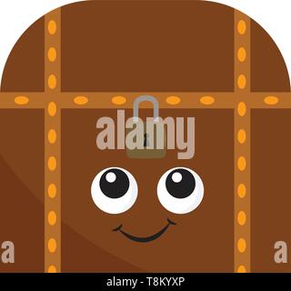 A dark brown treasure chest with lock, big eyes and smiling face, vector, color drawing or illustration. Stock Vector