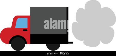 Red and black color big truck with blue glass and black tires, vector, color drawing or illustration. Stock Vector