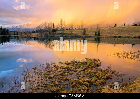 Springtime Mountain Landscape and Dramatic Sunset Colors. Quarry Lake, City of Canmore, Alberta Foothills, Canadian Rockies, Banff National Park Stock Photo