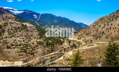 The Bridge River Valley at Highway 99, north of Lillooet. Here the Bridge River flows into the Fraser River as it flows south to Vancouver, BC, Canada Stock Photo