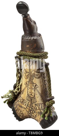 A German powder flask, dated 1597 Carved body made from staghorn, on the front side depiction of the Slaying of Abel by Cain, on the reverse side an engraved tropaion, scroll and date. The terminals and the spout made from horn, the spout shaped like a bear's head, the plug with a broach. Four iron carrying loops at the sides. Attached luring whistle. Height 21 cm. historic, historical, powder flask, accessory, accessories, military, militaria, object, objects, stills, utilities, utility, clipping, clippings, cut out, cut-out, cut-outs, utensil, , Additional-Rights-Clearance-Info-Not-Available Stock Photo