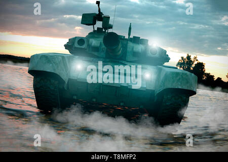 Heavy Military Tank in Battlefield Landscape at Sunset with Beautiful Sky. 3D Rendering. Stock Photo