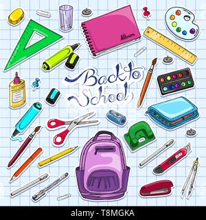 Vector illustration of Back to School supplies. Stickers school supplies. Vector illustration for your design Stock Vector