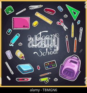 Vector illustration of Back to School supplies on blackboard. Vector illustration for your design Stock Vector
