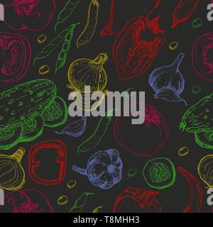 Seamless pattern with fresh vegetables. Tomato, pepper, cucumber, chilli, onion, garlic and beans. Vector illustration for your design Stock Vector