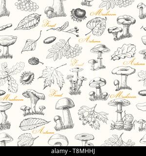 Seamless pattern with forest plants and mushrooms. Vector illustration for your design Stock Vector
