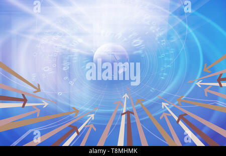 Graphical digital binary code background with earth globe and multiple arrows, media and web usage backdrop Stock Photo