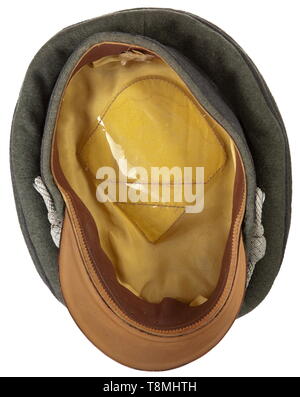 A visor cap for Sonderführer of the army in officer rank maker Erel, Berlin  Late private purchase piece in field-grey gabardine, grey trim band and  piping, golden-yellow silk liner with cap trapezoid (