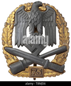 A General Assault Badge, Grade IV for 75 Engagements Massive zinc issue by the firm Josef Feix Söhne in Gablonz. The National Eagle with weapons depiction is affixed by four aluminium round-head rivets to the gilt Oak Leaf wreath, on which is jointly stamped the maker's initials 'JFS' and the magnetic pin system. An extraordinarily well preserved, lightly used example of this high award for combat. Width 49 mm. Weight 41.1 g. historic, historical, awards, award, German Reich, Third Reich, Nazi era, National Socialism, object, objects, stills, medal, decoration, medals, deco, Editorial-Use-Only Stock Photo