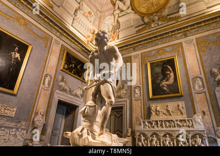 Italy, Rome: Borghese Gallery, an art gallery located in Villa Borghese.  Statue David, a life-size marble sculpture by Gian Lorenzo Bernini - Editori Stock Photo