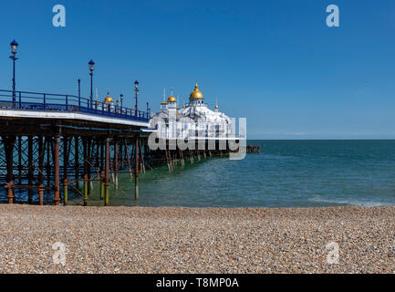 Eastbourne Pier. Completed in 1872, it is 300 meters long and built on stilts, which rest in cups on the seabed allowing the whole structure to move. Stock Photo