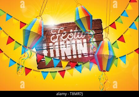 Festa Junina Traditional Brazil June Festival Design with Typography Letter on Vintage Wood Board. Vector Celebration Illustration with Party Flags Stock Vector