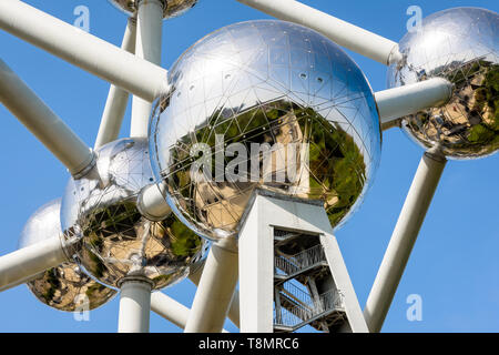 Low angle view of the Atomium in Brussels, Belgium, against blue sky. Stock Photo