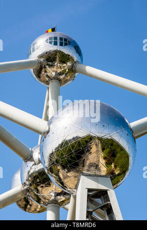 Low angle view of the Atomium in Brussels, Belgium, against blue sky. Stock Photo