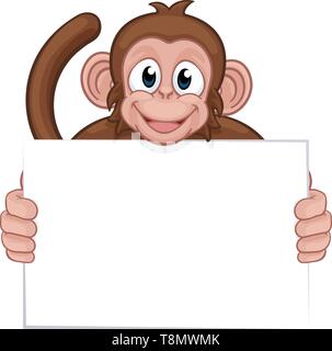 Monkey Cartoon Character Animal Holding Sign Stock Vector