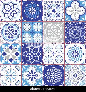 Lisbon Azujelo vector seamless tiles design - Portuguese retro navy blue pattern, tile big collection Stock Vector