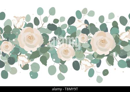 Elegant seamless border from roses and eucalyptus branches. Floral garland. Vector illustration. Stock Vector