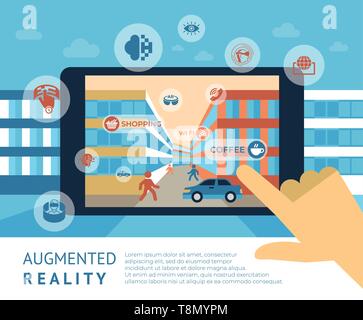 Augmented reality technology icons infographics collection, digital vector advert Stock Vector