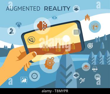Augmented reality technology icons infographics collection, digital vector advert Stock Vector