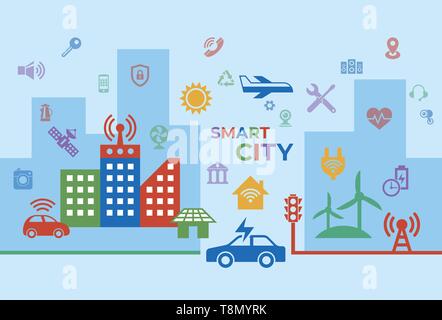 Smart city technology icons infographics collection, digital vector advert Stock Vector