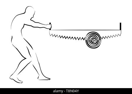 vector drawing of man cutting wood with  two hand saw - concept of loneliness Stock Vector