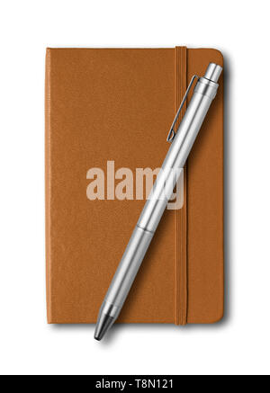 Leather closed notebook and pen mockup isolated on white Stock Photo