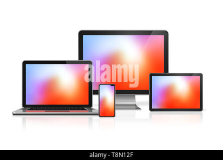 Computers and phone set mockup isolated on white background with colorful screens. 3D render Stock Photo