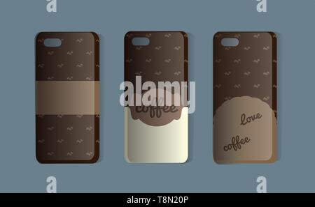Phone case with coffee pattern. Set of brown and white back covers. Vector illustration of a sticker or sample cover for coffee lovers. Simple drawing Stock Vector