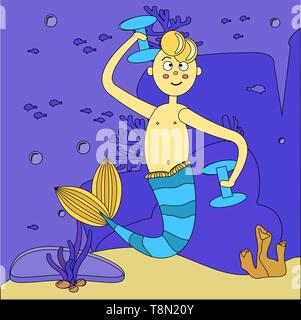 Seascape. Cartoon mermaid guy playing sports underwater. A man with a blue tail, dumbbells. Bubbles, fish, rocks and algae. Vector illustration with b Stock Vector