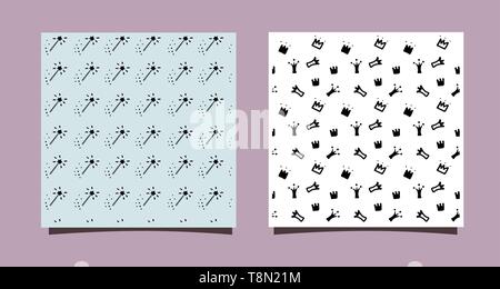 Doodle crowns and magic stick. Hand drawn seamless pattern. Little princess design for nursery wall, clothes, textile, backdrop. Black and white Stock Vector