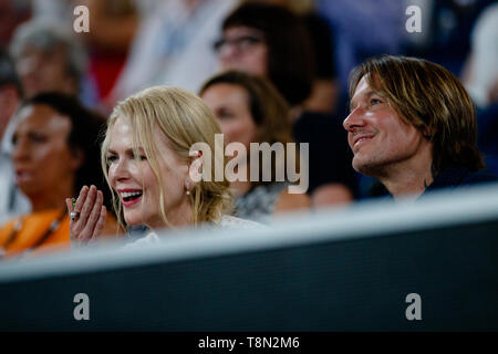 Nicole Kidman with husband Keith Urban watching a match on center court at the 2019 Australian Open. Stock Photo